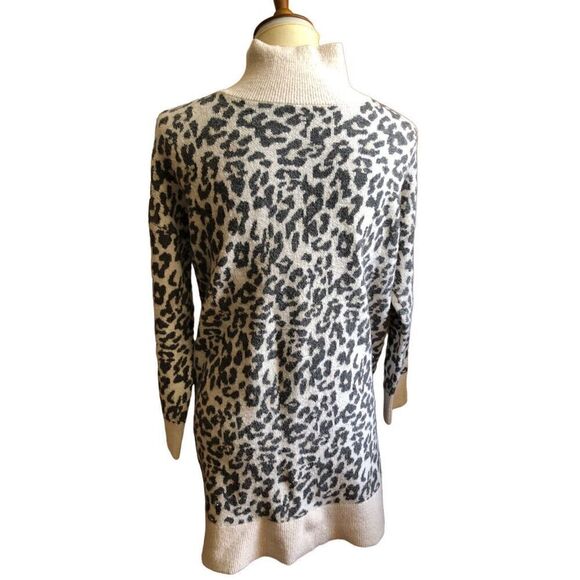 Loft Leopard Print Turtleneck Wool Blend Sweater Dress size L - Picture 6 of 12
